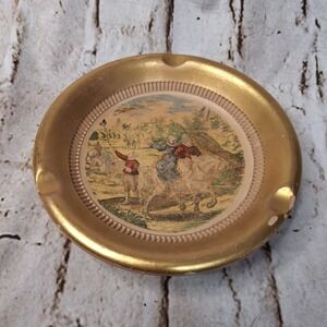 Vintage Giotto Italy Florentine Pottery Ashtray Gold Equestrian Horse Scene 6733